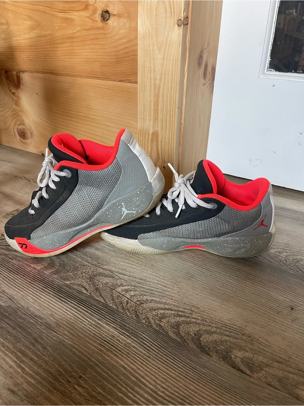 Jordan Gray and Red Low-Top Basketball Shoes